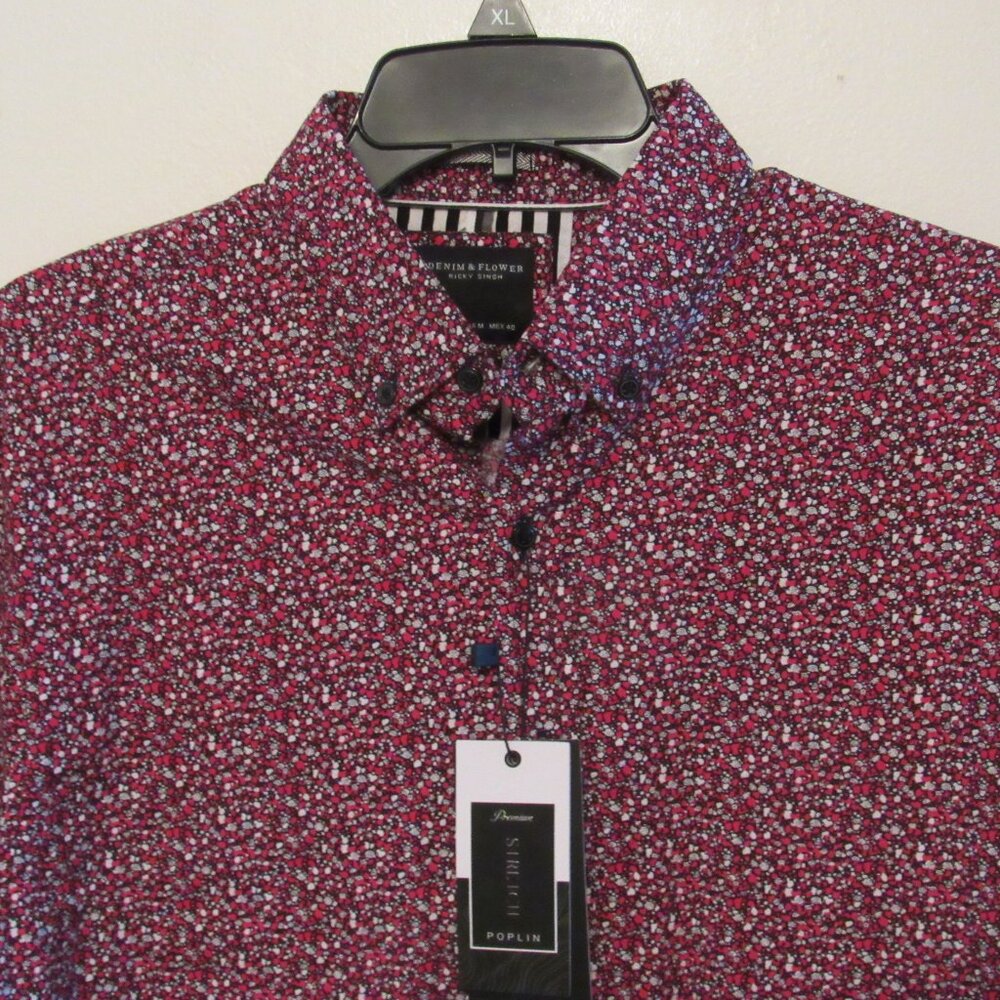 NWT Denim & Flower Ricky Singh Poplin Button Up Shirt Men's Medium Red Floral